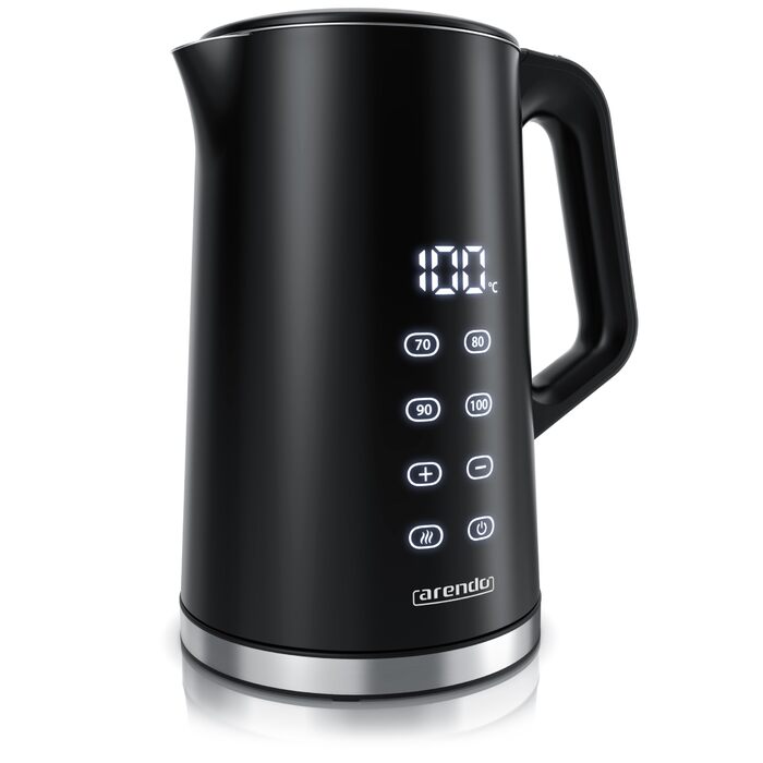 Електричний чайник Arendo з регулюванням температури, нержавіюча сталь, подвійні стінки Cool Touch, дисплей, бездротовий, 2200 Вт, 1,7 л, захист від перегріву, функція підтримки тепла, чорний