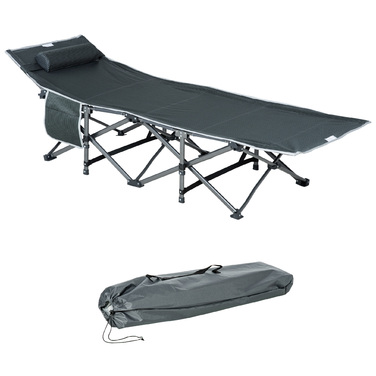 Outsunny Folding Sun Lounger with Head Pillow and Side Pocket, Integrated Storage Bag, Metal and Oxford Fabric, 188 x 64.5 x 53 cm, Grey | Aosom