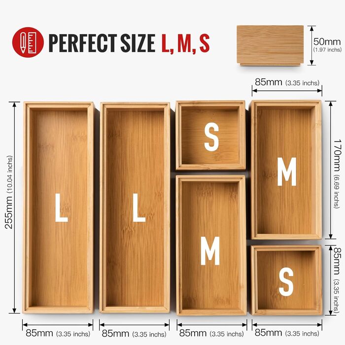 Rainsworth Drawer Organizer 5cm Height, Bamboo Box Stackable, Cosmetic Vanity Makeup Bathroom Organizer Box, 6 Piece Kitchen Drawer Organization System, Christmas Gifts Storage Box