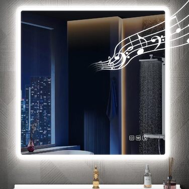 Дзеркало для ванної кімнати Starlead з підсвічуванням 100x70 см, Bluetooth, антизапітніння, регулювання яскравості, 3 кольори світла, функція пам'яті, IP44, LED, горизонтальне/вертикальне, HD скло, Madrid Silver (Bluetooth)