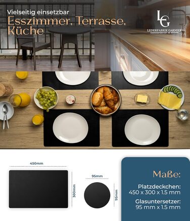 Table Placemats Washable 4-Pack – Sustainable, Stable & Non-Slip – High-Quality Recycled Leather, Made in Germany (Black)