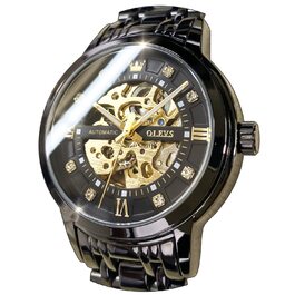 Чоловічий годинник OLEVS Skeleton Automatic — механічний скелетон з автопідзаводом, водонепроникний, сталевий корпус, люмінесцентна підсвітка (Чорний)