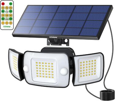 INTELAMP Solar Lights for Outdoors with Motion Sensor, 6000 mAh Solar with Remote Control, 1200LM, 270° Wide-Angle Solar Lights, IP65 Waterproof for Porch and Garages (1 Piece - 2.7M Cable)