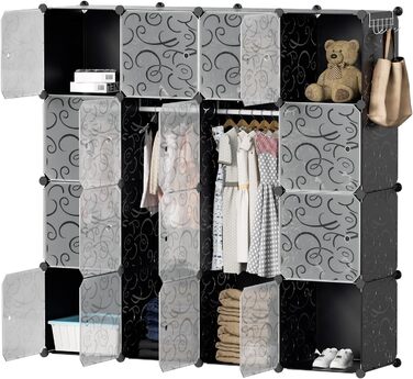 DIY Closet Shelf System with 16 Cubes, Wardrobe, Open Closet, Plastic Wardrobe with Doors, Wardrobe Cabinet, Black, 180 x 142 x 37CM (Black 16 Cubes with Clothes Hooks)