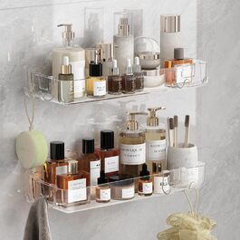 Полиця для душу без свердління, 6 шт. Настінна полиця для ванної кімнати з тримачем для фену та гачками, полиця для душу з нержавіючої сталі, органайзер для ванної кімнати та кухні сірого кольору (2-прозорий)