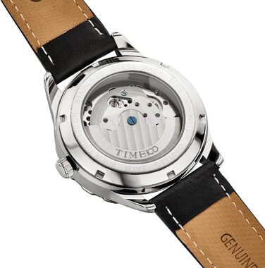 TIME100 Автоматичний годинник для чоловіків: водонепроникний, зі світлодіодами, серія Pilot, Angel Wing, бізнес-стиль, механічний годинник з шкіряним/силіконовим ремінцем, скелетний дизайн (чорний/сріблястий)