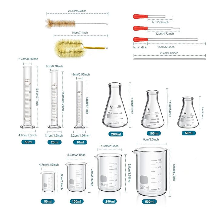 Beaker Glasses, Erlenmeyer Flasks, Measuring Cylinders Set, ZEEROQOLAB 4 Graduated Beakers, 3 Glass Measuring Cylinders with 3 Conical Flasks, with 3 Glass Pipettes, 2 Glass Stir Sticks, and 2 Wash Brushes