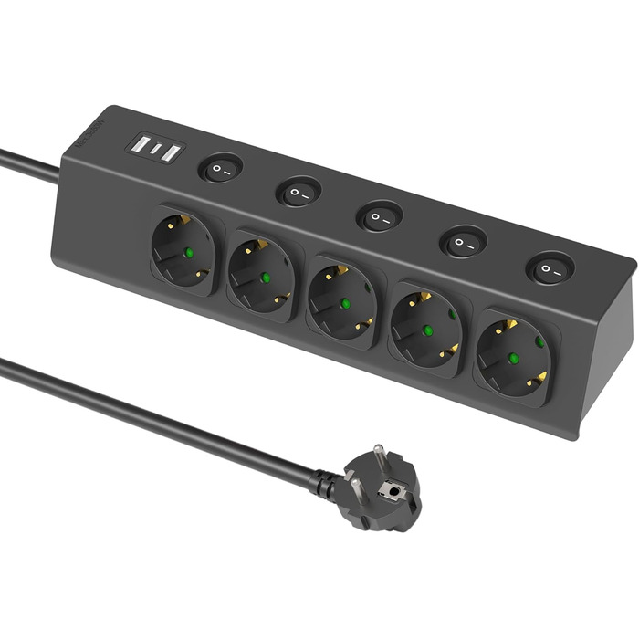 Багаторозкладна мережева розетка з USB, 5-портова, з індивідуальними вимикачами, для кухні, зі сталевою передньою панеллю, кабель 2м