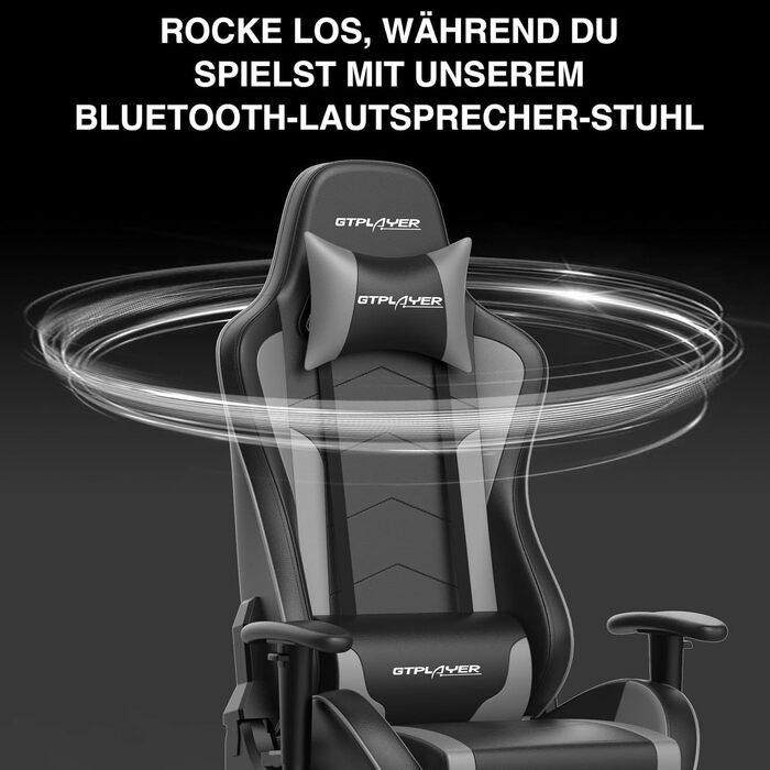 Ігрове крісло GTPLAYER з підставкою для ніг, Bluetooth динаміками, ергономічне комп'ютерне крісло для геймерів, офісу, регульована спинка, до 150 кг, сіре