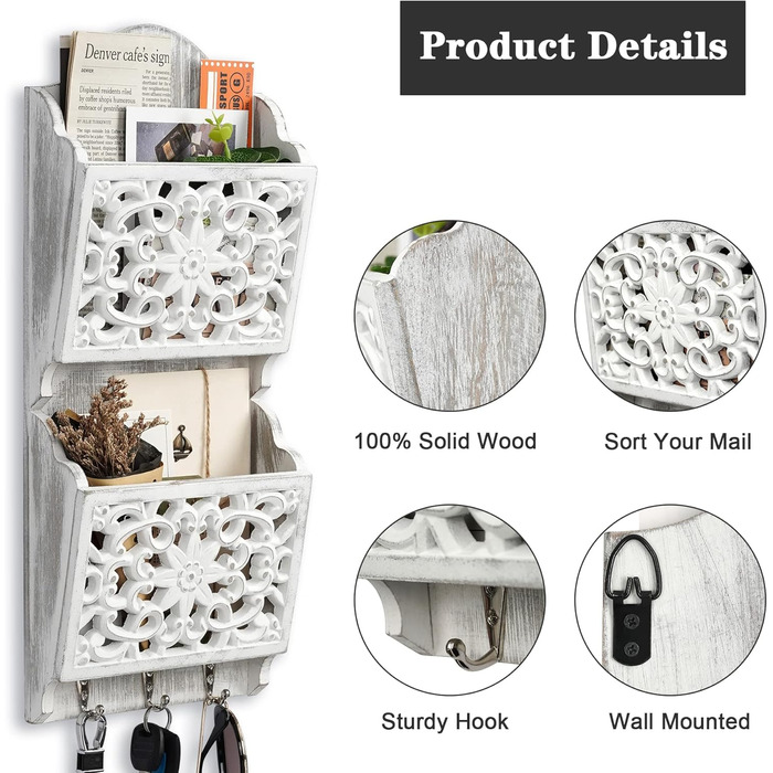 Дерев'яний органайзер для ключів з поличкою та відділенням для листів, крейдяною дошкою та 8 гачками, настінний (античний)