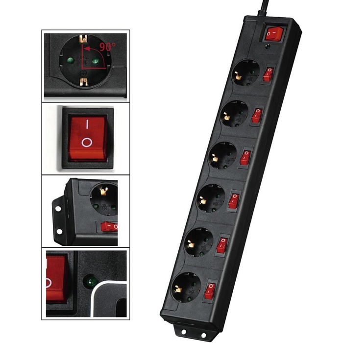 Розподільник розеток Hama з індивідуальним керуванням, захистом від перенапруги, 6 розеток, поворот на 90°, чорний, 1.4м кабель