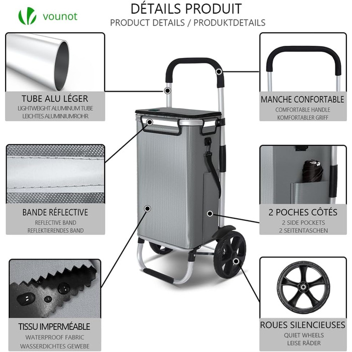 Складний алюмінієвий візок для покупок VOUNOT 50 л, водонепроникна сумка з термовідділенням, 2 великі колеса з захистом, для сходів, сірий
