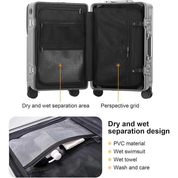 Чемодан ручної поклажі для весни/літа, сертифікований для авіаперевезень, з TSA-замком, 360° колесами, PC-корпусом та міцним алюмінієвим каркасом, підходить для розмірів 20'', 24'' та 26''. (20'', Срібло) Срібло 20‘’