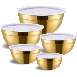 Набір міксерів Moxinox Gold з кришками, нержавіюча сталь, 5 штук. Ідеально для випічки, приготування та подачі їжі. Розміри: 5.5, 3.6, 2.7, 2.1, 1.5 л