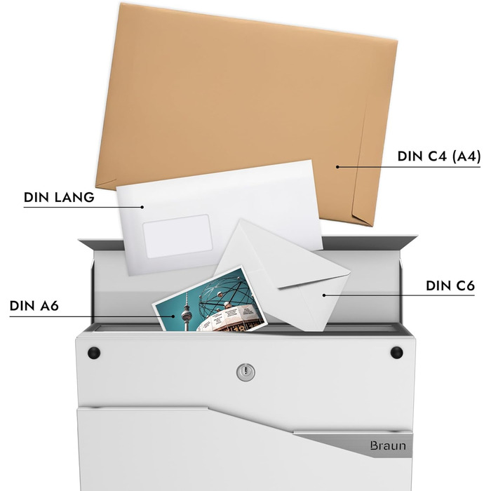 Поштовий ящик білий з газетницею TRELLEBORG, персоналізований, з цинкової сталі з іменем, вулицею та номером будинку + комплект для монтажу (RAL 9016)