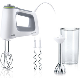 Braun MultiMix 5 HM 5107 Hand Mixer – Handheld mixer with variable speed control, including whisk, dough hooks, hand blender, and 600 ml mixing and measuring cup, 750 Watt, white HM 5107 Single