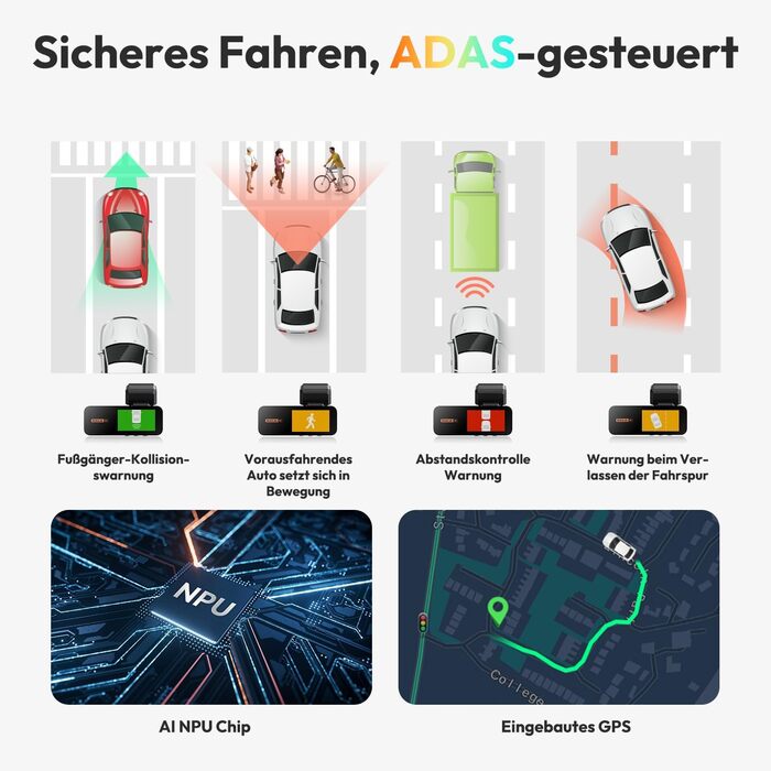 Відеореєстратор BOTSLAB Dashcam Auto з GPS, 4K, Dual, WiFi, ADAS, Нічне бачення, 64GB SD, 2.45' IPS, 24/7, Loop, WDR, 170°