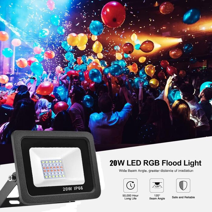 RGB LED прожектор 50W для вулиці, 16 мільйонів кольорів, 20 режимів, розумний водонепроникний IP68 світлодіодний прожектор для саду