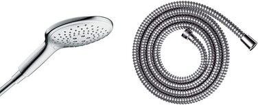Hansgrohe Raindance Select S - Showerhead, Hand Shower with 3 Spray Patterns, Shower Head, Showerhead with Anti-Limescale Function, White/Chrome, 26530400 (Chrome, 3 Spray Patterns with Water-Saving Function, Bundle with Shower Hose)