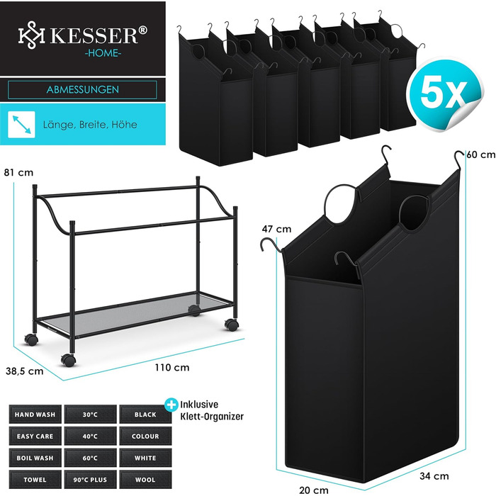 KESSER® Laundry Basket, Laundry Collector, Laundry Sorter with 3 Removable Fabric Bags | 3 Compartments x 35 Liters | Laundry Box with 12 Laundry Instructions, 360° Swivel Wheels with Brake, Laundry Sorting System, Laundry Cart, Beige