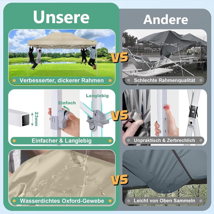 COBIZI Pavilion 3x3m Foldable, Waterproof & Winterproof (Khaki) – Stable Garden Tent with 23mm Steel Pipe, UV50+ and Mosquito Nets for Camping/Parties + Carrying Bag