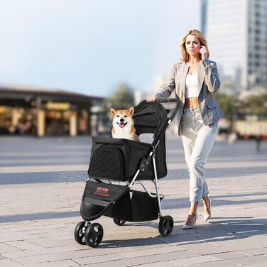 VEVOR 3-Wheel Pet Stroller - Dog & Cat Buggy, 16kg Capacity, Foldable with Cup Holders & Brakes