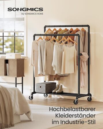 SONGMICS Clothes Rack, Clothes Rail, Coat Rack with 2 Clothes Rails and Shelf, Wheels, Load Capacity up to 110 kg, Industrial Design, for Bedroom, Dressing Room, white HSR060W01 (Black)