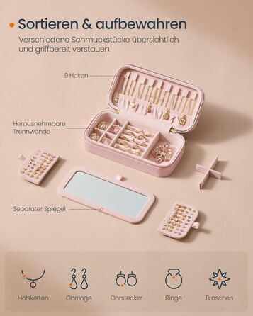 SONGMICS HOME ANAH - Шкатулка для прикрас, органайзер для подорожей, 10,5 x 10,5 x 6 см, білий, з дзеркалом, PU, подарунок