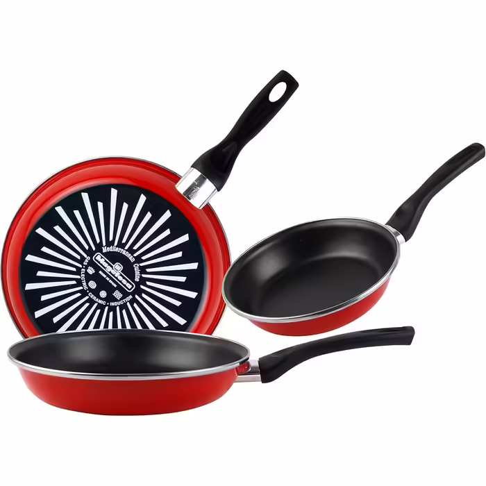 MAGEFESA Grana Frying Pan Set, 3-piece, 18/20/24 cm, enameled steel, red exterior, two-layer non-stick coating, suitable for all cooktops, especially induction, 50% energy saving.