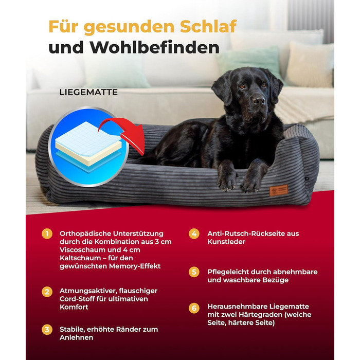 Ортопедичне ліжко для собак HS-Hundebett® Deluxe Cord, 70x90 см, зелене, великі породи, зручне, знімний чохол, миється, антиковзаюче покриття, з Німеччини