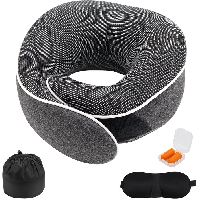 Подушка для шиї у подорожах Memory Foam - Подушка-вишийначка з маскою для сну та навушниками - Сіра