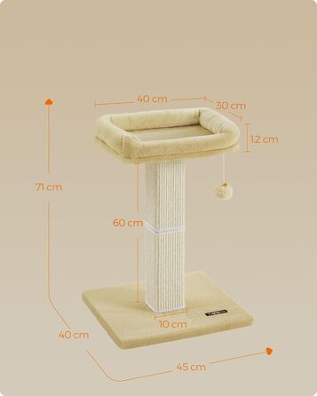 Feandrea Cat Tree, Cat Tower with 40 x 30 cm Plush Platform, Scratching Post, Cat Scratching Tree, 71 cm High, Sisal-Wrapped Scratching Post, 45 x 40 cm Base, with Plush Ball, PCA022W01 (Beige)