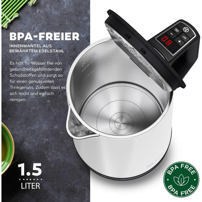 Balter Stainless Steel Electric Kettle with Temperature Control - 40°C-100°C, Double Wall, BPA Free, 1.7L, 2200W, Quiet Kettle