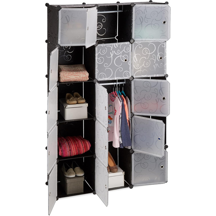 Relaxdays Closet Organizer with 11 Compartments, Wardrobe with 2 Clothes Rails, DIY Plastic Plug-in Shelves, white (Black)