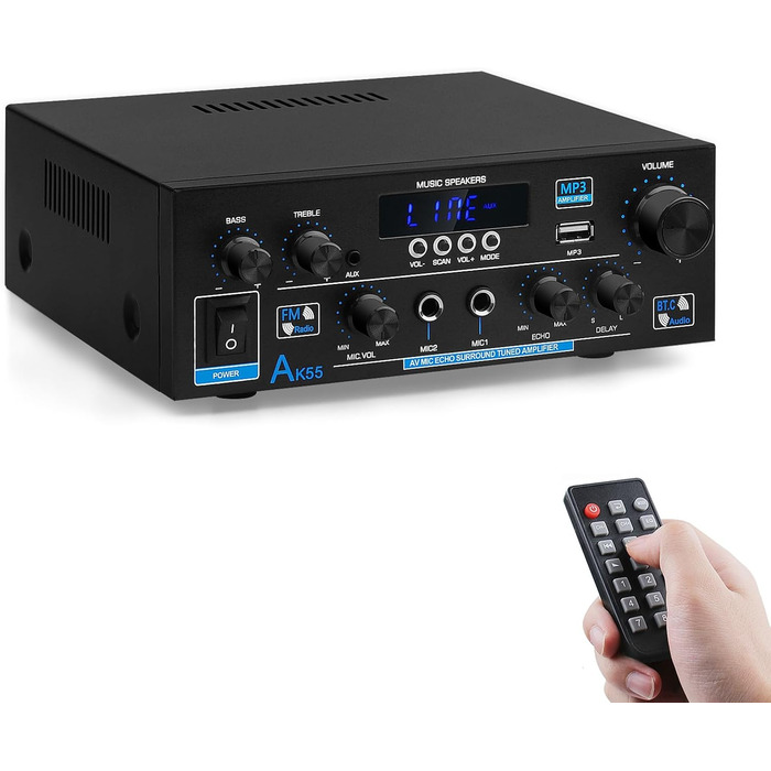 HiFi підсилювач AK55 Bluetooth, стерео аудіо підсилювач 2-канальний, 2x70Вт (макс. 600Вт), цифровий саунд підсилювач 12В/220В для дому та авто