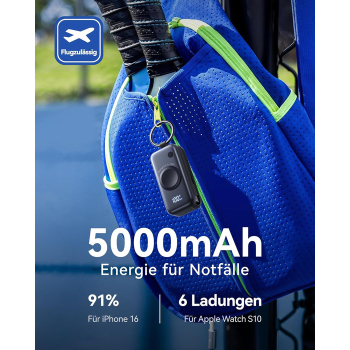 Power Bank INIU для Apple Watch, 5000mAh, вбудований кабель, LCD-дисплей, сумісний з iWatch 10/9/8/Ultra2/Ultra/SE, iPhone 16/15 (Чорний)