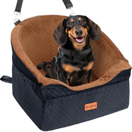 Elevated Dog Car Seat - Washable & Removable for Small & Medium Dogs (Up to 13.6KG) with Storage Pockets & Safety Belt - Black & Brown