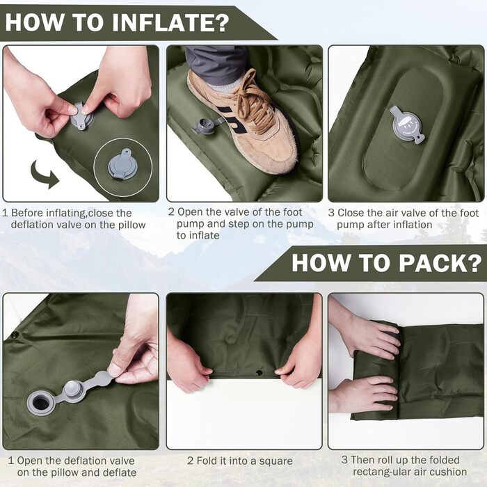 Надувний матрац Isomatte 12 см з насосом та подушкою, армійсько-зелений, для кемпінгу, туризму, пляжу