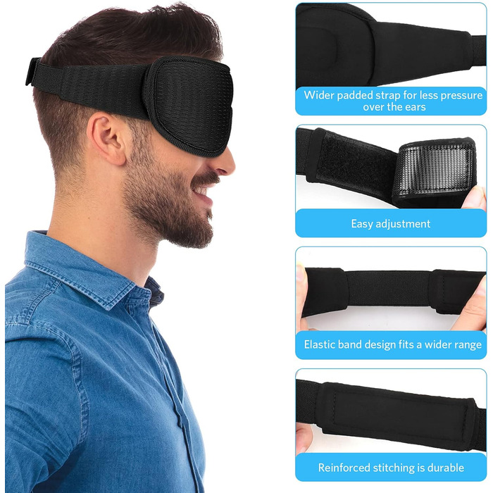 Маска для сну RIWISLL: 3D-контурна, повністю блокує світло, з регульованим ремінцем, чорна