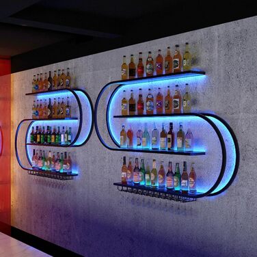 Настінна вітрина для вина, напівкругла багатоярусна з гачками для келихів, металева вітрина для винних пляшок, для кухні, бару, кафе (без лампочок) (Чорний, 120 * 20 * 120 см)