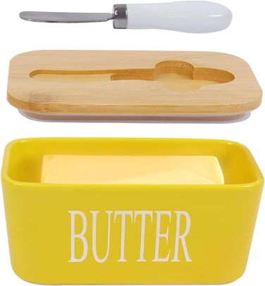 Porcelain butter dish with lid, airtight silicone butter keeper for butter, nuts, cheese, yellow + butter knife