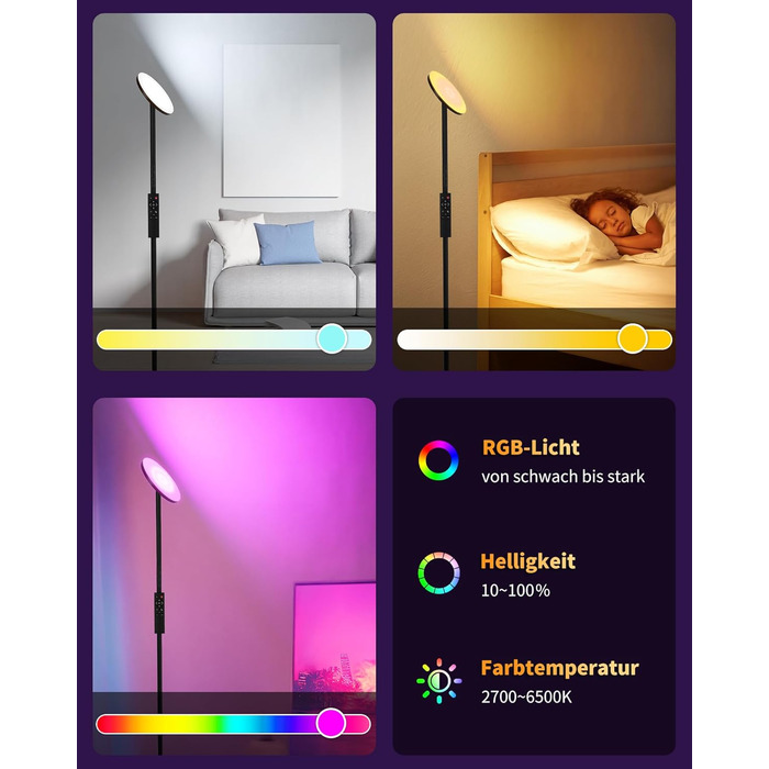 Стійка лампа LuminexDesigns з полицею, 36W+7W LED, диммування, 3200LM+600LM, сучасний дизайн, для вітальні та як настінний світильник, з пультом керування, 2700K-6500K, чорний колір