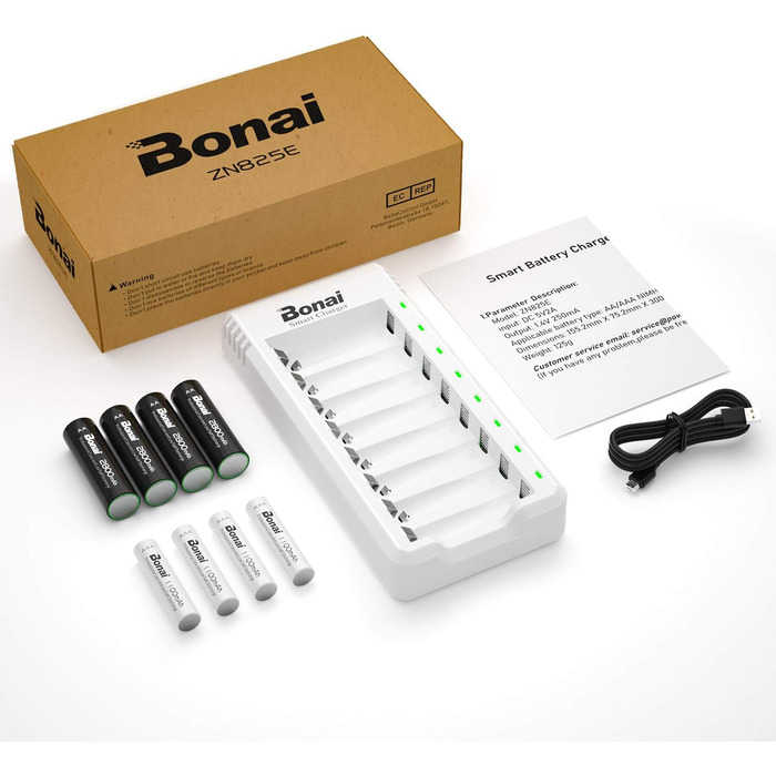 Зарядний пристрій BONAI для акумуляторів AA/AAA NI-MH з LED-дисплеєм та USB, 8 слотів, швидка зарядка