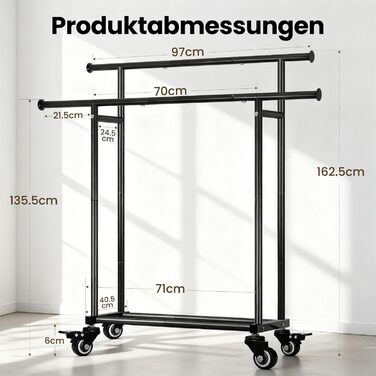 Стійка для одягу Treeboy на колесах, мобільна вішалка для одягу з 2 перекладинами та полицею, міцна до 95 кг, легко ковзаючі колеса, швидкий монтаж для спальні, вітальні, пральні, гардеробної (Чорний, 41Tx113Bx162H(2Rods))