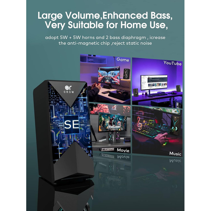 Комп'ютерні колонки OROW S201 з RGB підсвічуванням: 10W, USB, 3.5mm jack, для ПК, міні колонки, сучасний дизайн