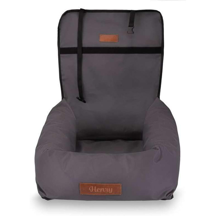 Крісло-ліжко для собак Petsen з іменем, сіре. Зручне автокрісло для собак маленьких порід, автоліжко з ліжком та поводок.