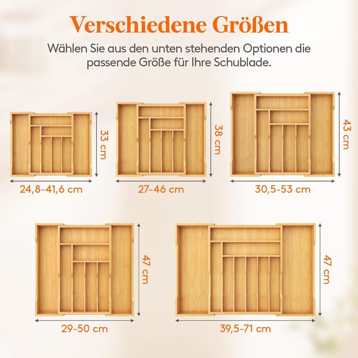 Органайзер для столових приборів Lifewit в шухляду, бамбуковий, 43x31-53x47 см, висувний, для ложок, виделок, ножів