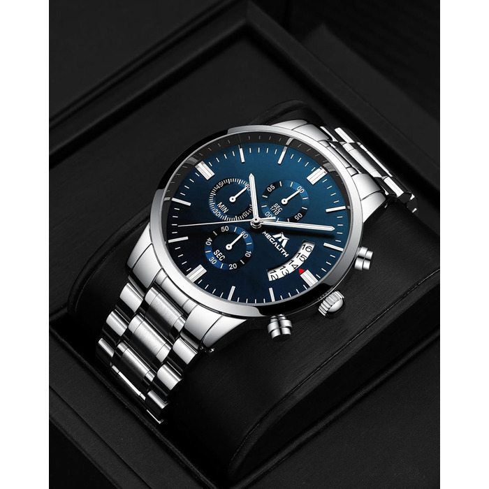 Чоловічий годинник MEGALITH з нержавіючої сталі, хронограф, велике циферблат, водостійкий, з датою, для роботи та відпочинку. Стильний подарунок для чоловіків (срібний подарунок для чоловіка)