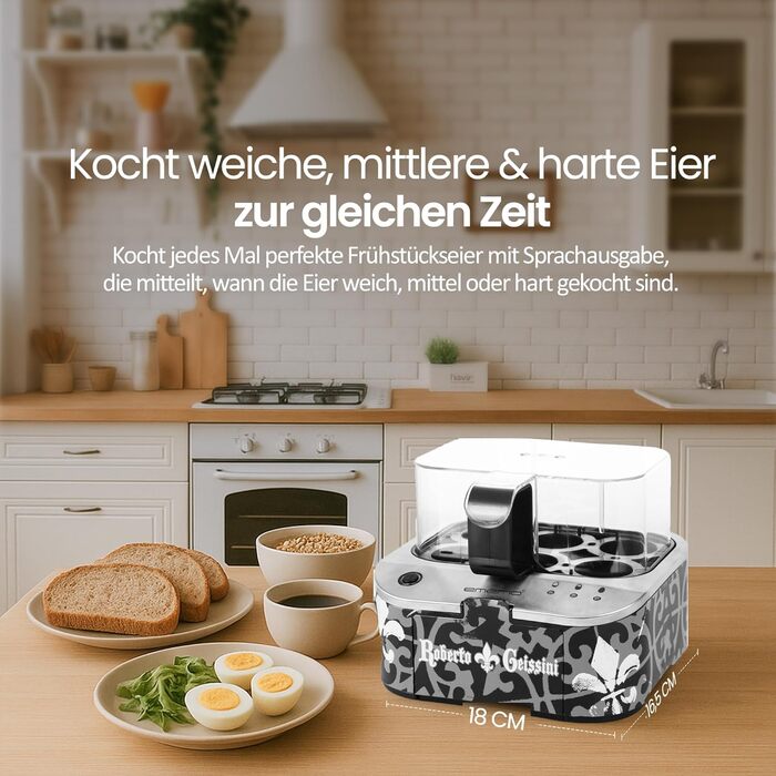 Електричний яйцеварка Roberto Geissini з голосом Carmen Geiss | Limited Edition від EMERIO | 3 ступені нагріву (м'який, середній, твердий)
