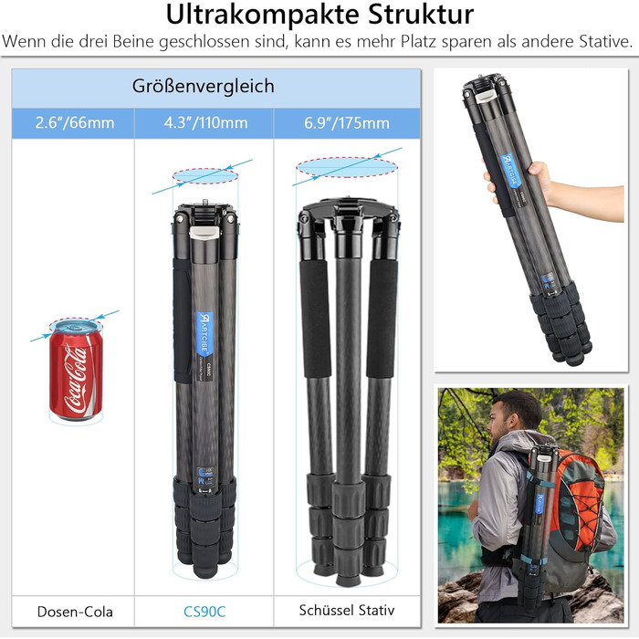 Штатив для камери Artcise з вуглецевого волокна, монопод 40 мм, професійний, для важкої техніки, подорожей, максимальне навантаження 40 кг (CS90C)